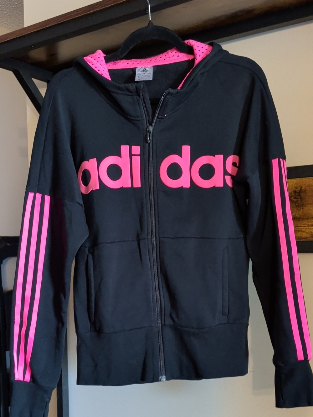 adidas Black Hoodie with Hot Pink Logo & Stripes